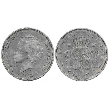 Alfonso XIII. 1893*(18---). 5 Pesetas (BC) (Plata) Ceca de Madrid PG-V