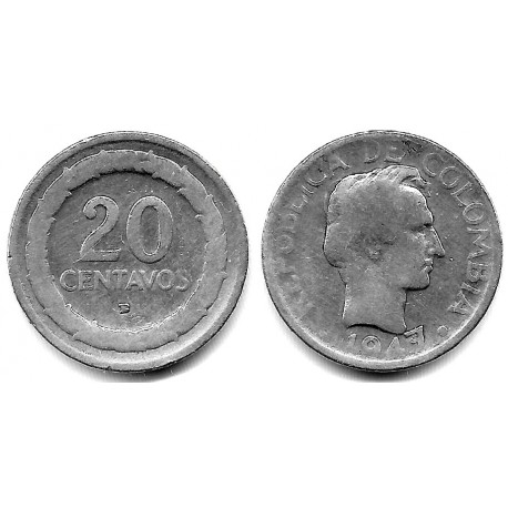 (208.1) Colombia. 1947. 20 Centavos (BC) (Plata)