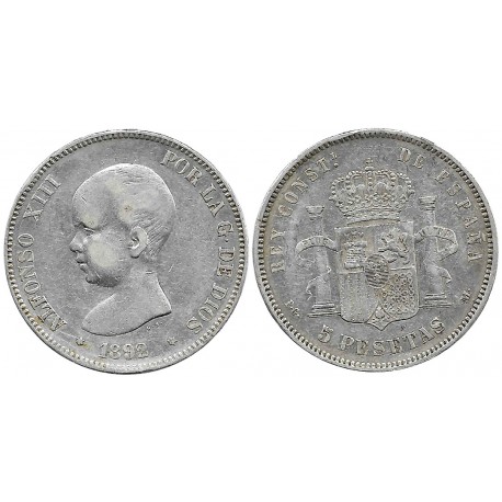 Alfonso XIII. 1892*(-8-9-). 5 Pesetas (BC) (Plata) Ceca de Madrid PG-M