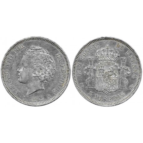 Alfonso XIII. 1893*(18-93). 5 Pesetas (MBC-) (Plata) Ceca de Madrid PG-L