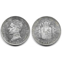 Alfonso XIII. 1905*(19-05). 5 Pesetas (EBC+) (Plata) Ceca de Madrid SM-V
