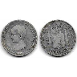 Alfonso XIII. 1892*(---92). 2 Pesetas (BC) (Plata) Ceca de Madrid PG-M