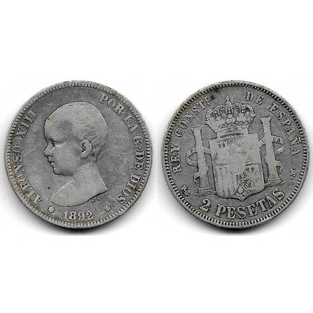 Alfonso XIII. 1892*(---92). 2 Pesetas (BC) (Plata) Ceca de Madrid PG-M