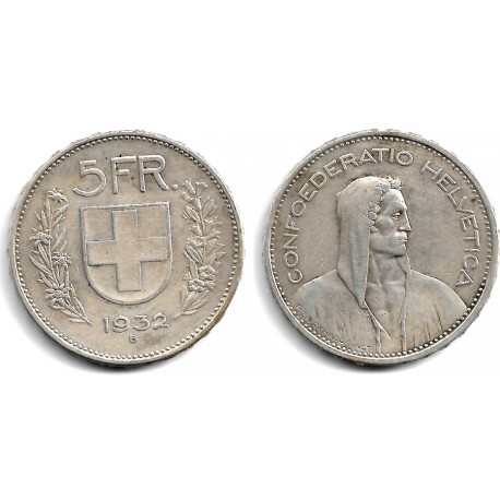 (40) Suiza. 1932(B). 5 Francs (BC+) (Plata)