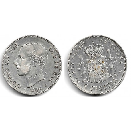 Alfonso XII. 1884*(18-84). 2 Pesetas (MBC) (Plata) Ceca de Madrid MS-M, Manchas
