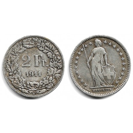 (21) Suiza. 1911B. 2 Francs (BC+) (Plata)