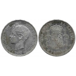 Alfonso XIII. 1897*(18-97). 5 Pesetas (MBC-) (Plata) Ceca de Madrid SG-V, Leve golpe en el canto