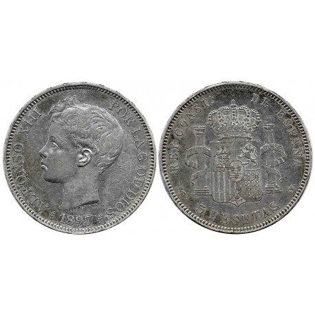 Alfonso XIII. 1897*(18-97). 5 Pesetas (MBC-) (Plata) Ceca de Madrid SG-V, Leve golpe en el canto