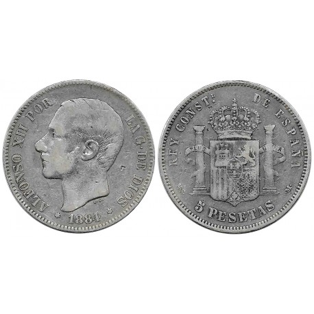 Alfonso XII. 1884*(---84). 5 Pesetas (BC) (Plata) Ceca de Madrid MS-M