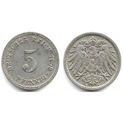 (11) Imperio Alemán. 1908(A). 5 Pfennig (MBC+)