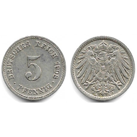 (11) Imperio Alemán. 1908(A). 5 Pfennig (MBC+)