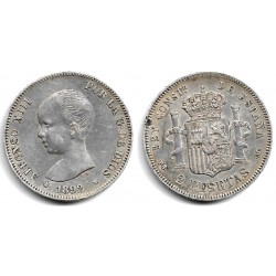 Alfonso XIII. 1892*(18--2). 2 Pesetas (MBC-) (Plata) Ceca de Madrid PG-M, Golpe en el canto