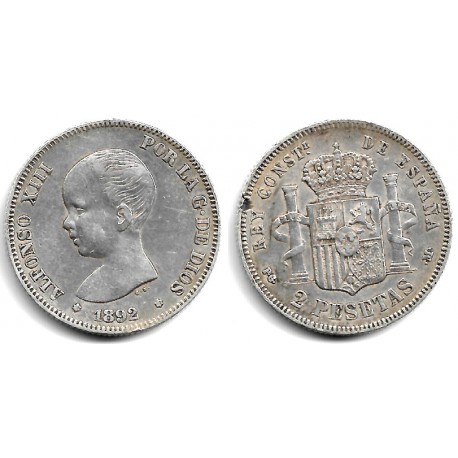 Alfonso XIII. 1892*(18--2). 2 Pesetas (MBC-) (Plata) Ceca de Madrid PG-M, Golpe en el canto