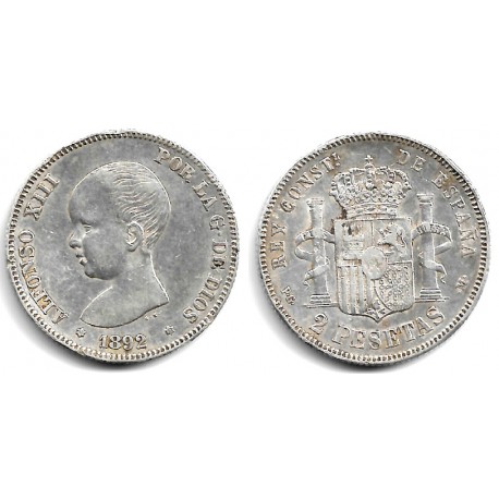 Alfonso XIII. 1892*(18-92). 2 Pesetas (MBC-) (Plata) Ceca de Madrid PG-M