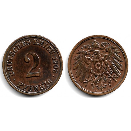 (16) Imperio Alemán. 1908(A). 2 Pfennig (MBC+)