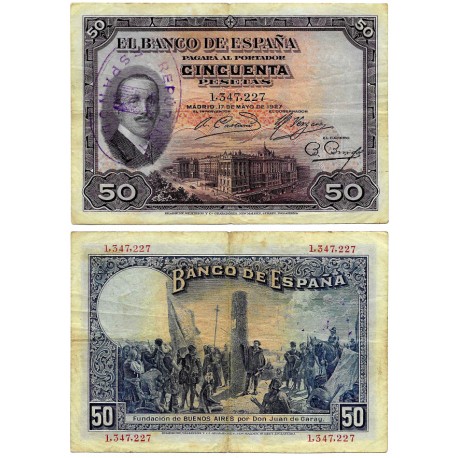 España. 1927. 50 Pesetas (BC+) Sin Serie. Con Sello Republicano