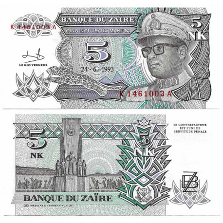 (48) Zaire. 1993. 5 Nouveaux Makuta (SC)