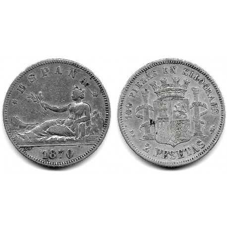 Gobierno Provisional. 1870*(18-70). 2 Pesetas (BC+/BC) (Plata) Ceca de Madrid DE-M