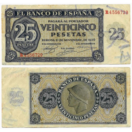 Estado Español. 1936. 25 Pesetas (MBC/MBC-) Serie R, Leves Manchas