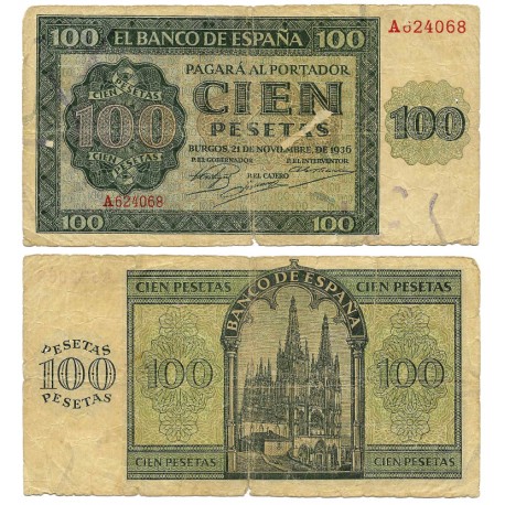 Estado Español. 1936. 100 Pesetas (BC/BC-) Serie A, Leves Roturas