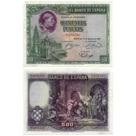 España. 19285. 500 Pesetas (BC+/MBC-) Sin Serie, Esquina rota y leves roturas en márgenes