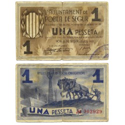 Pobla de Segur. 1937. 1 Peseta (BC) Leves roturas en doblez central