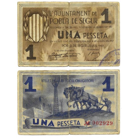 Pobla de Segur. 1937. 1 Peseta (BC) Leves roturas en doblez central
