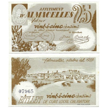 Almacelles. 1937. 25 Céntimos (SC)