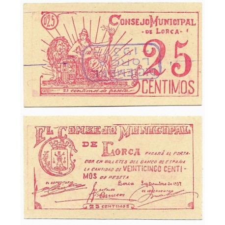 Lorca. 1937. 25 Céntimos (SC) Sello Diciembre