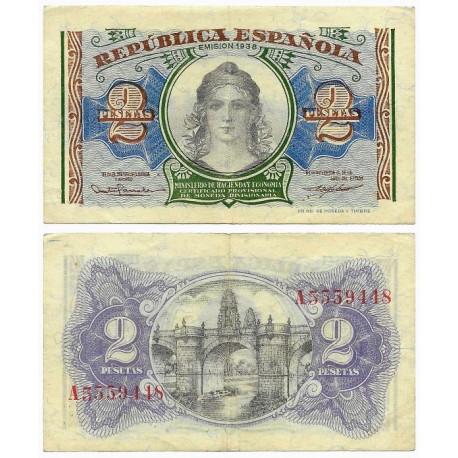 España (II República). 1938. 2 Pesetas (MBC) Serie A