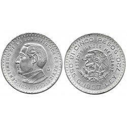 (470) Estados Unidos Mexicanos. 1957. 5 Pesos (EBC+) (Plata) Golpe en el canto