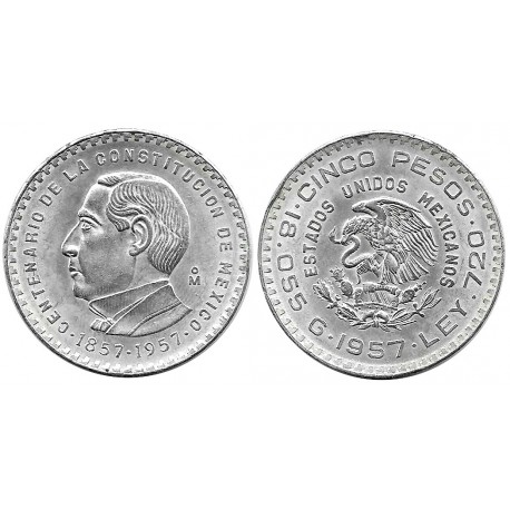(470) Estados Unidos Mexicanos. 1957. 5 Pesos (EBC+) (Plata) Golpe en el canto