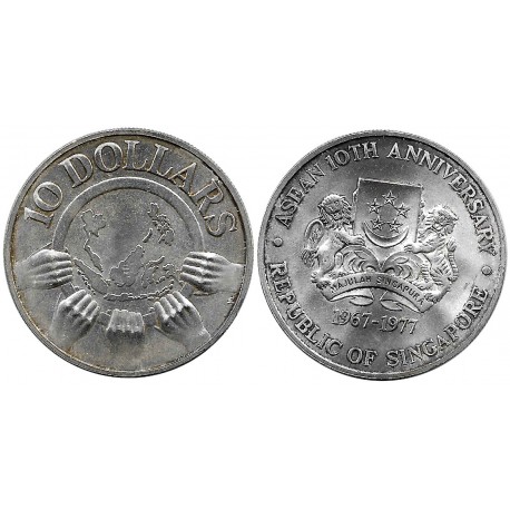 (16) Singapur. 1977. 10 Dollars (EBC+) (Plata)