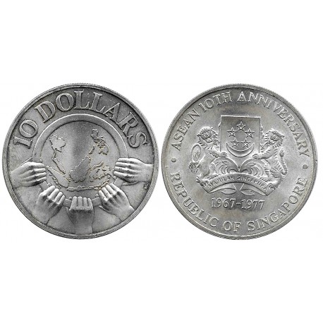 (16) Singapur. 1977. 10 Dollars (EBC+) (Plata)