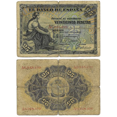 España. 1906. 25 Pesetas (RC) Serie A, Roturas en las dobleces