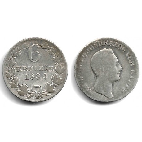 (198.1) Estados Alemanes (Baden). 1834. 6 Kreuzer (BC) (Plata)