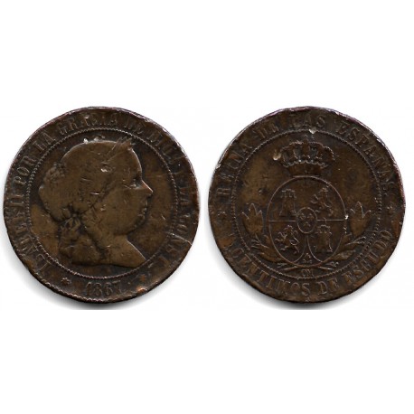 Isabel II. 1867. 5 Céntimos de Escudo (BC/BC-) Ceca de Sevilla OM
