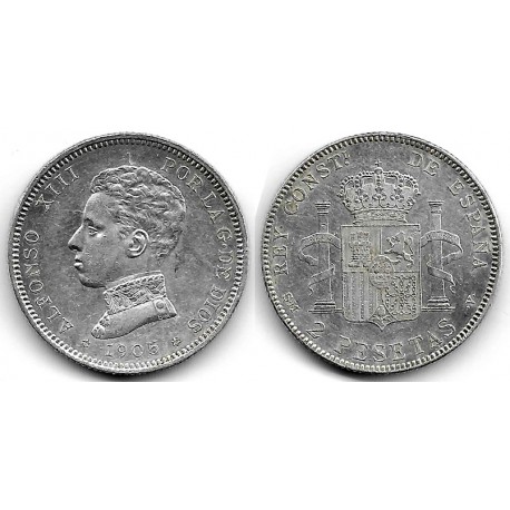 Alfonso XIII. 1905*(19-05). 2 Pesetas (MBC+/EBC-) (Plata) Ceca de Madrid SM-V