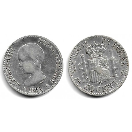 Alfonso XIII. 1892*(9-2). 50 Céntimos (BC) (Plata) Ceca de Madrid PG-M