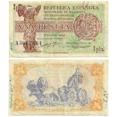 España (II República). 1937. 1 Peseta (MBC) Serie A, Escrito