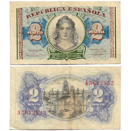 España (II República). 1938. 2 Pesetas (MBC) Serie A