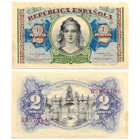 España (II República). 1938. 2 Pesetas (EBC) Serie B, Leve Mancha