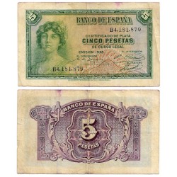 España. 1935. 5 Pesetas (BC+) Serie B, Mancha