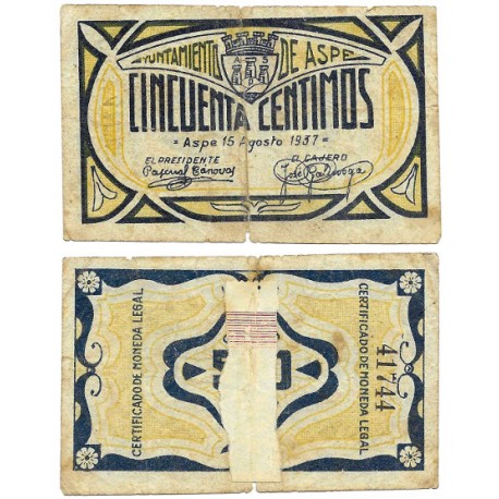 Aspe. 1937. 50 Céntimos (BC/BC-)