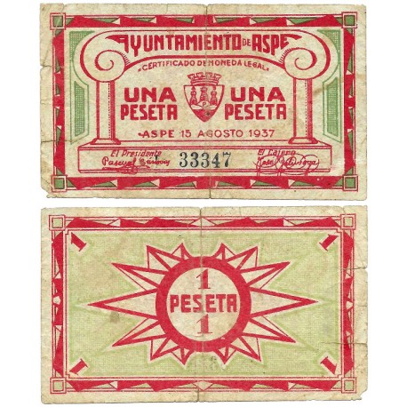 Aspe. 1937. 1 Peseta (BC+) Leves roturas en margenes
