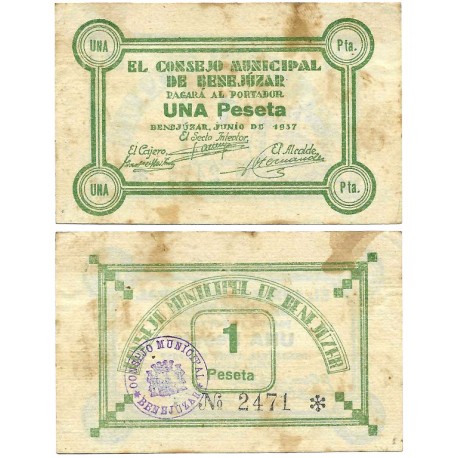 Benejúzar. 1937. 1 Peseta (EBC) Manchas
