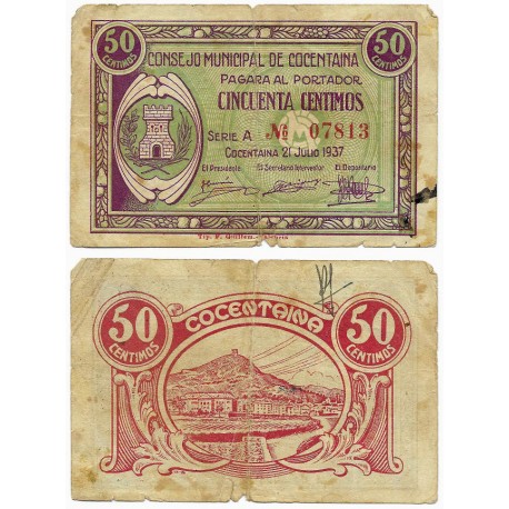 Cocentaina. 1937. 50 Céntimos (BC/BC-) Roturas en márgenes