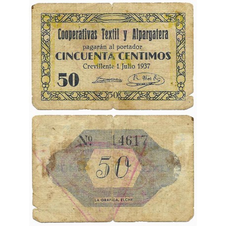 Crevillente (Cooperativas Textil y Alpargatera). 1937. 50 Céntimos (BC)