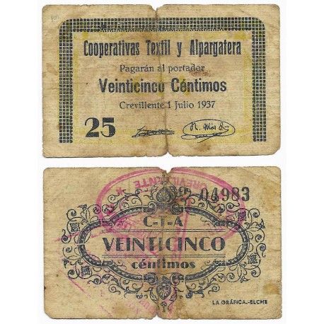 Crevillente (Cooperativas Textil y Alpargatera). 1937. 25 Céntimos (RC+)