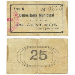 Denia (Depositaria Municipal). 1937. 25 Céntimos (BC)